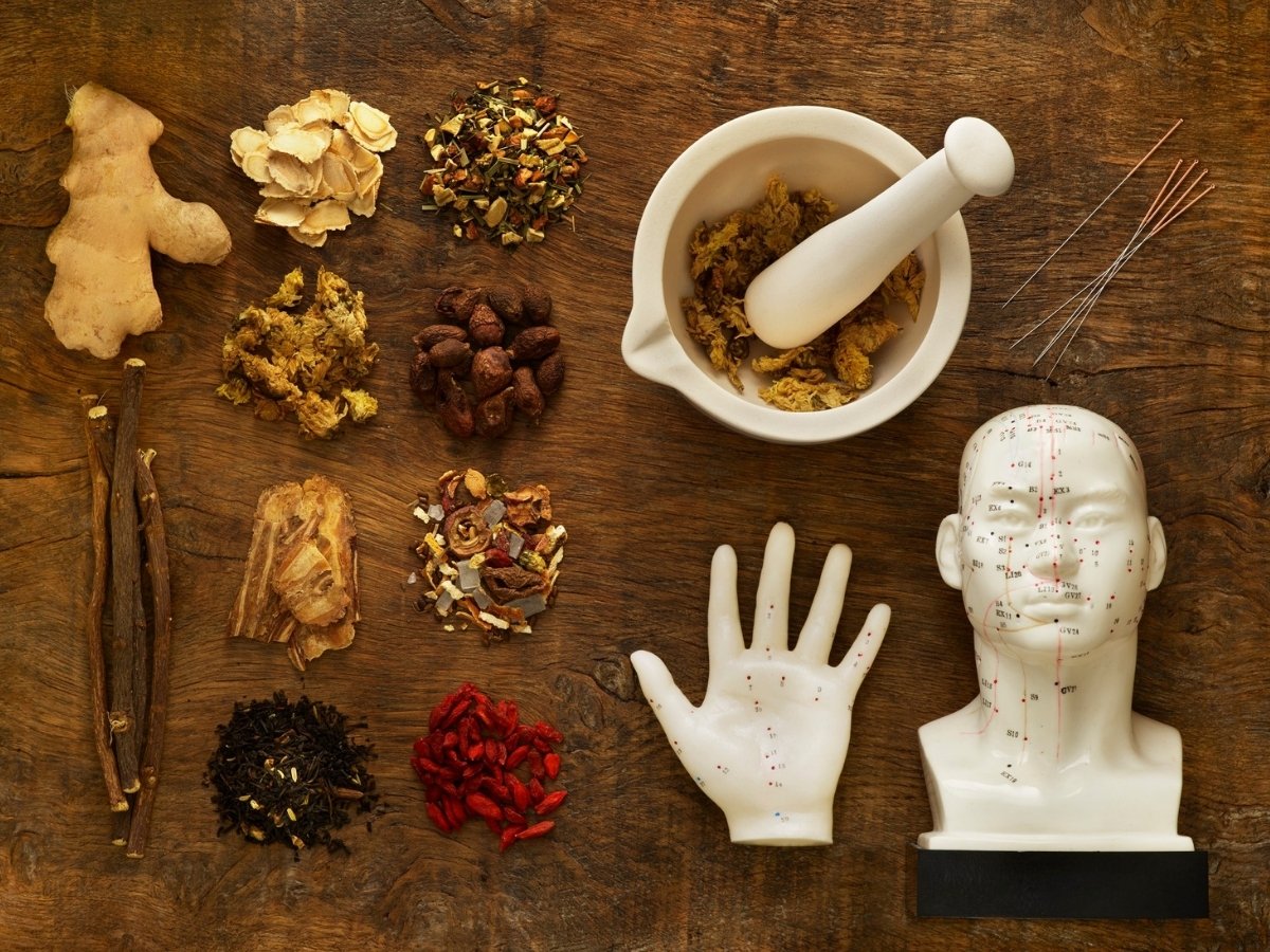 Traditional Chinese herbal ingredients arranged beside acupuncture tools, representing Chinese herbal medicine for immune support.
