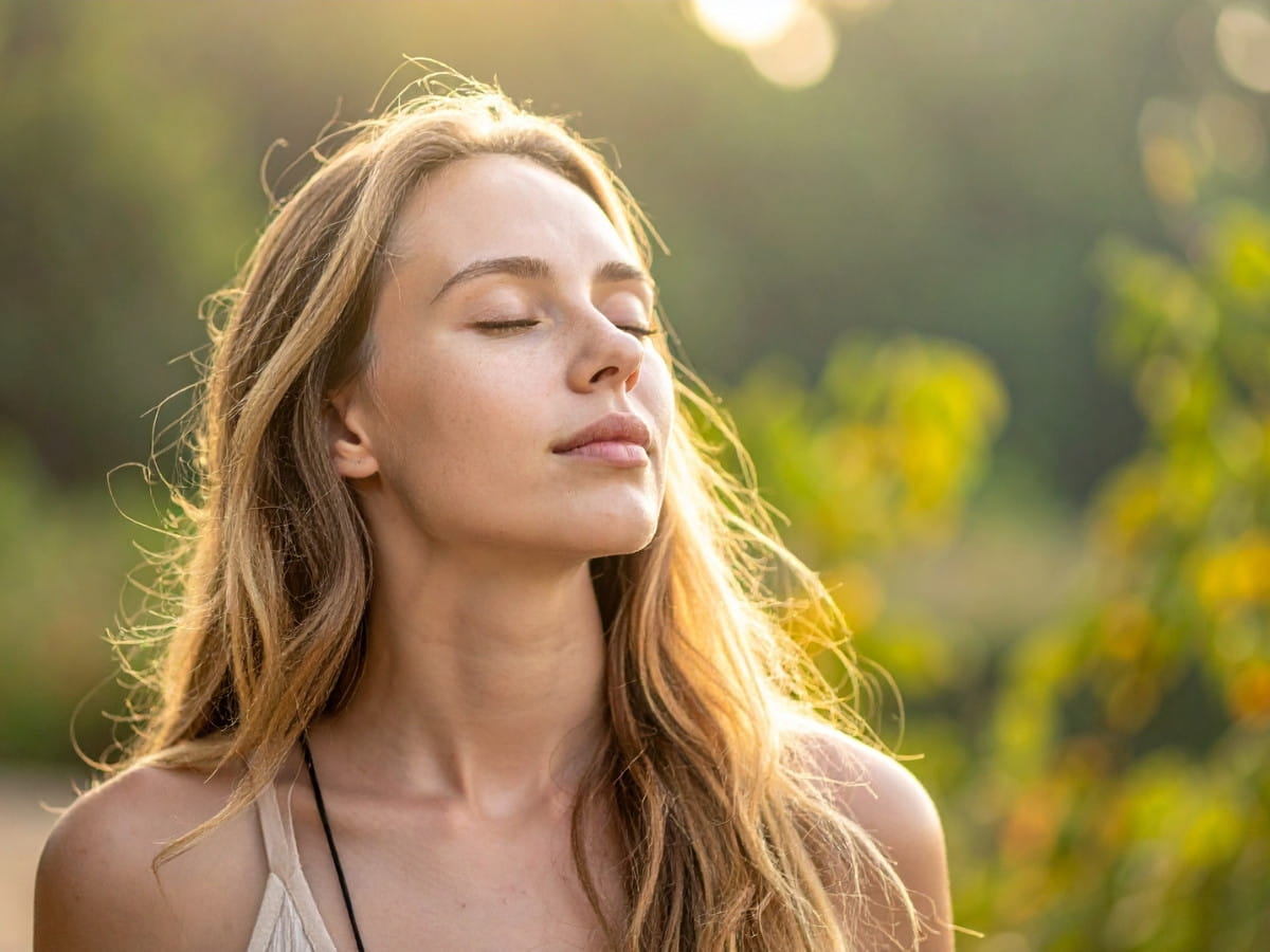 A women relaxing walking in the sun with clearer skin promoting a healthy lifestyle.