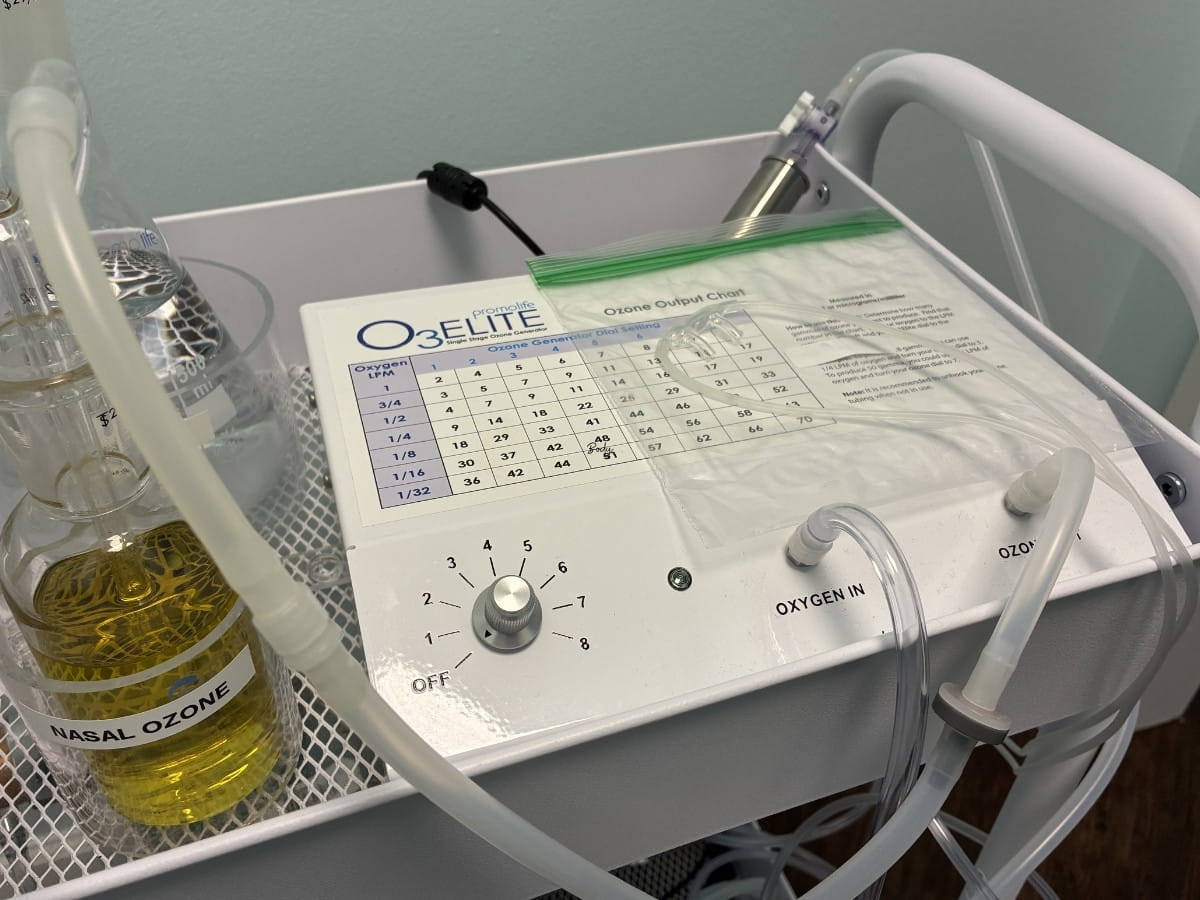 Nasal ozone therapy machine with nasal cannula used to support patients with seasonal allergies.