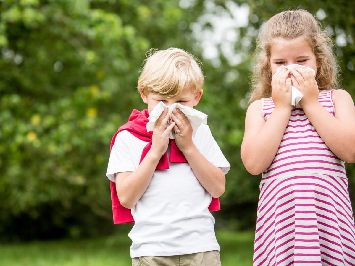 Two children experiencing seasonal allergies while sneezing into tissues outdoors.