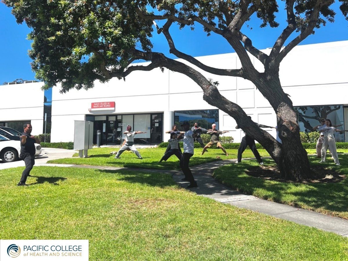 A photo of students at the Pacific College of Health and Science San Diego campus doing Tai Chi on the lawn.