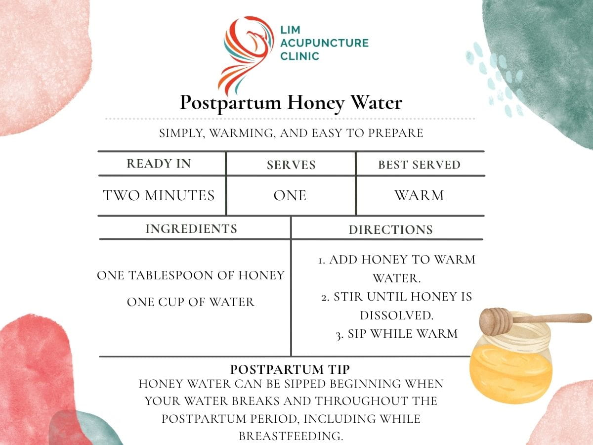 Postpartum honey water recipe card showing honey and warm water ingredients and preparation instructions.